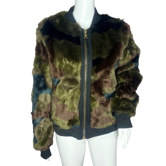 Anthro Marrakech Faux Fur Bomber Jacket Womens Small Multicolor Camo Patchwork - Picture 1 of 9